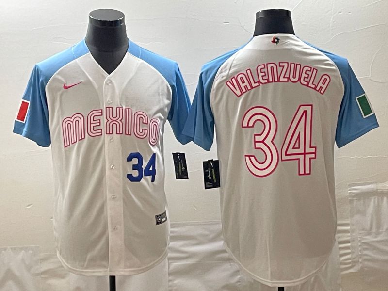 Men 2023 World Cub Mexico #34 Valenzuela White blue Nike MLB Jersey6